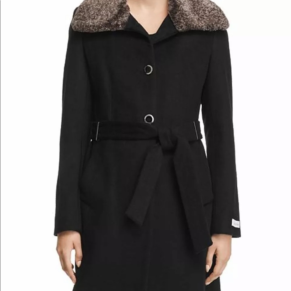 Calvin Klein Faux fur collar Black Belted Dress Coat